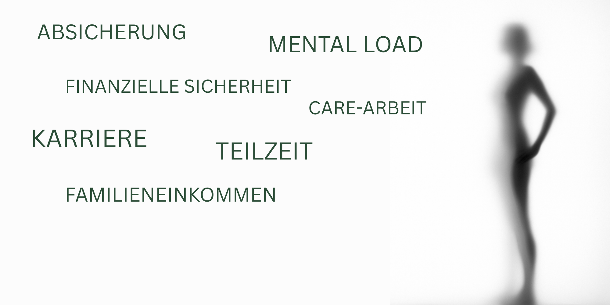 Schwarze Silhouette einer Frau und die Begriffe "Absicherung, finanzielle Sicherheit, Karriere, Mental Load, Care-Arbeit, Teilzeit, Familieneinkommen."