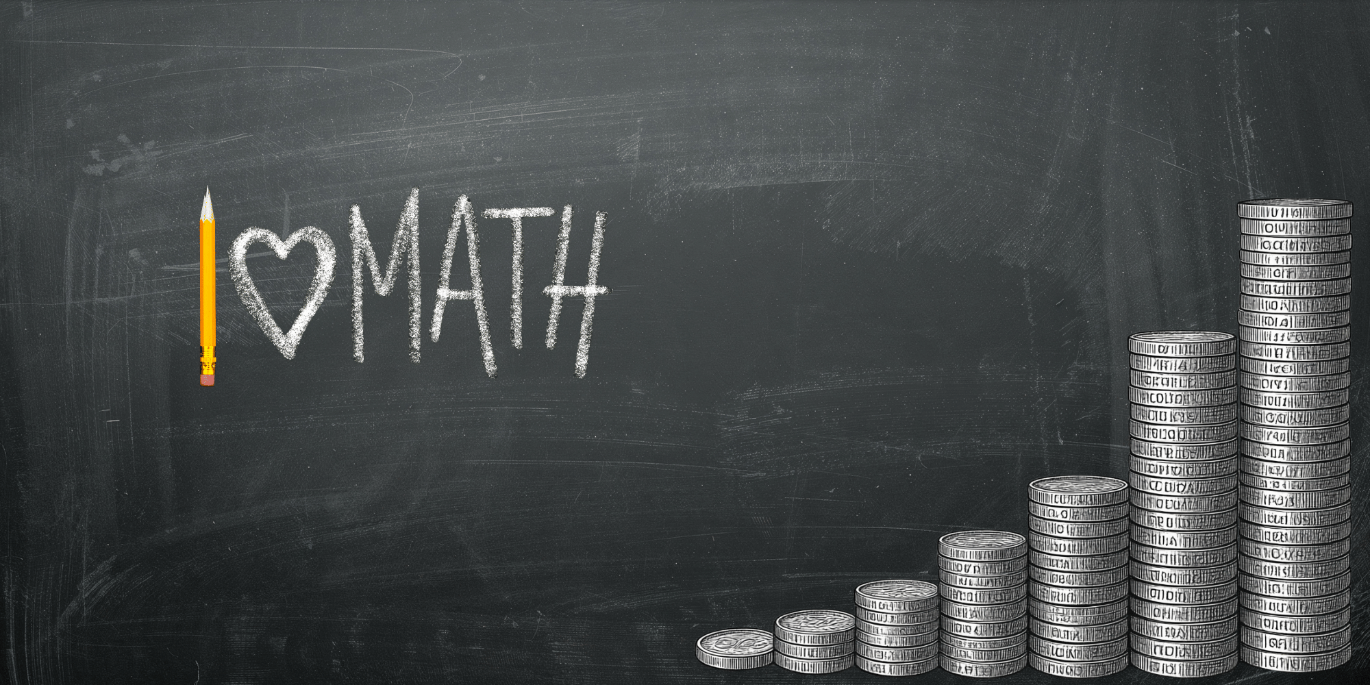 Schwarzer Tafelhintergrund mit dem Text "I love math" und daneben Münzstapel, die durch exponentielle Zunahme den Zinseszinseffekt veranschaulichen.
